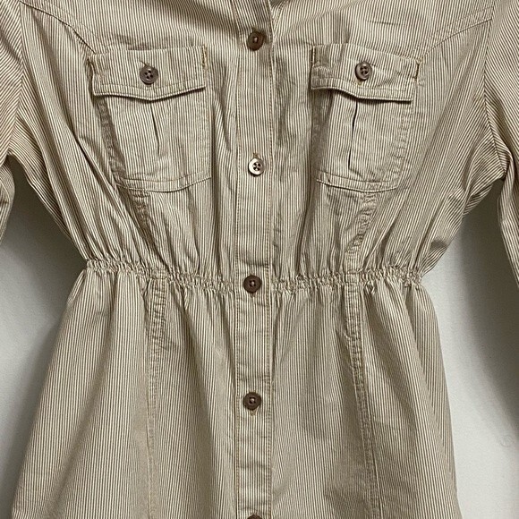 VTG NWOT Zara Button Front Elastic Waist Shirt Size S Tan Stripes Long Sleeves - Picture 3 of 11